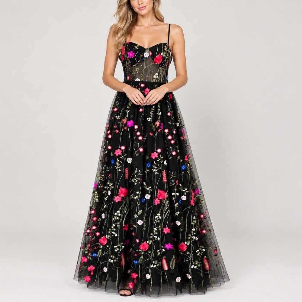 City Studio Maxi Dress 5/6 Black Floral Embroidered Mesh Bustier Gown Juniors